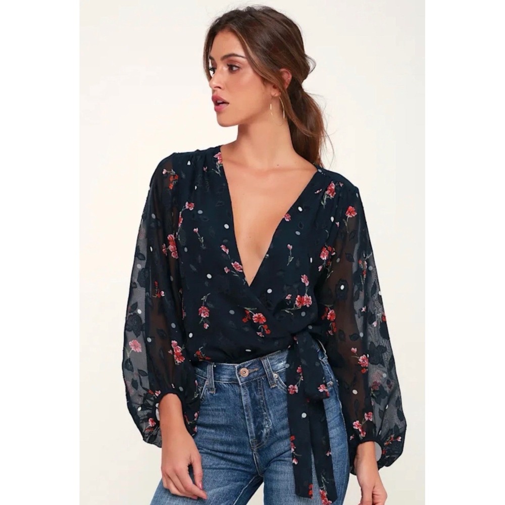 ASTR The Label Navy Floral Polka Dot Wrap Bodysuit Balloon Sleeve Size M